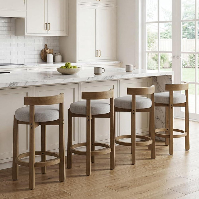 Ya-Home Mid-Century Bar Stools Set of 4, 26.5 Inch Linen Counter Height Upholstered Barstools Bar Chairs with Solid Wooden Legs for Kitchen Island Dining Room, Grey