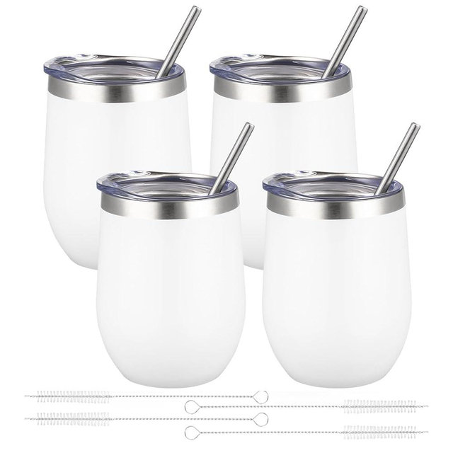 12oz/4 Pack Wine Tumbler Glasses with Lid Stemless Double Wall Vacuum Stainless Steel Travel Tumbler Keeping Cold & Hot for Wine,Coffee,Cocktails,Christmas Drinks-Family and Gifts(4 pack-White)