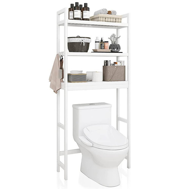 SMIBUY Bathroom Storage Shelf, Bamboo Over-The-Toilet Organizer Rack, Freestanding Toilet Space Saver with 3-Tier Adjustable Shelves (White)