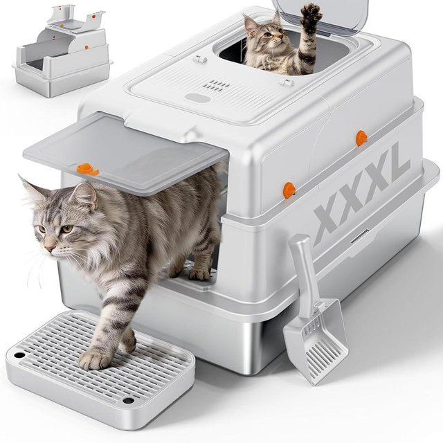 FURTIME XXXL Extra Large Stainless Steel Litter Box with Lid, Large Enclosed Cat Litter Box for Big Cats, Metal Cat Box with High Sided Enclosure & Scoop, Silver