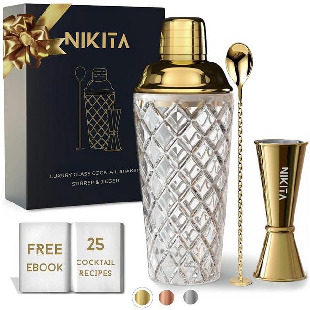 Gold Cocktail Shaker Glass Set - Glass Cocktail Shaker Set with Strainer - 5 Pieces - 450ml - Matching Measuring Jigger and Bar Spoon with Muddler - Martini Drink Shaker - Luxury Gift Box