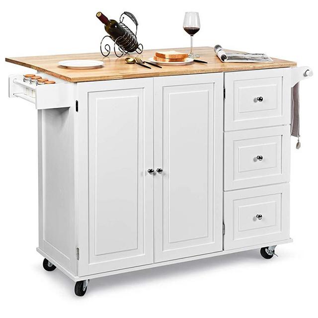 Giantex Kitchen Island Cart with Drop-Leaf Tabletop, Large Trolley Cart with Large Cabinet, 3 Drawers, Spice Rack, Towel Rack, Kitchen and Dining Room Utensils or Tableware Organizer on Wheels (White)