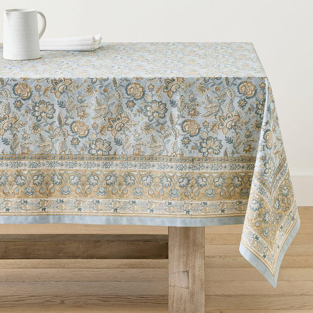 Brooke Block Print Cotton Tablecloth - Blue Multi