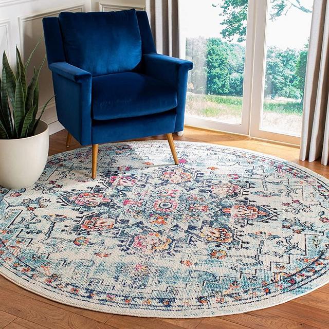 Safavieh Madison Collection MAD473B Boho Chic Medallion Distressed Non-Shedding Stain Resistant Living Room Bedroom Area Rug, 5' x 5' Round, Cream / Blue