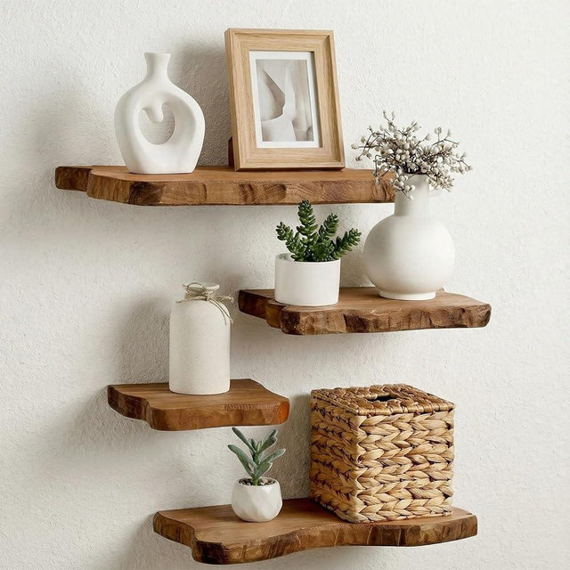 Pinkunn 4 Pcs Floating Shelves for Wall Wooden Live Edge Shelf Wall-Mounted Natural Solid Wood Bedroom Kitchen Storage Living Room Nursery Decor(4 Pcs,23.62/15.75/7.8 Inch)