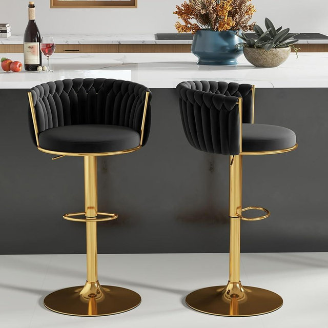 ABET Gold Bar Stool Set of 2, Velvet Swivel Barstools, Height Adjustable Counter Stools with Woven Back, Upholstered Modern Luxury Kitchen Stools with Footrest for Cafe, Pub, Black