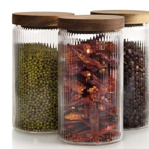 Mason & Fable Ribbed Glass Jars with Wooden Lid 27 fl oz- Set of 3 | Airtight Fluted Storage Container for Pasta, Coffee, Candy, Dog Treats, Snacks | Glass Organization Canisters for Home & Kitchen