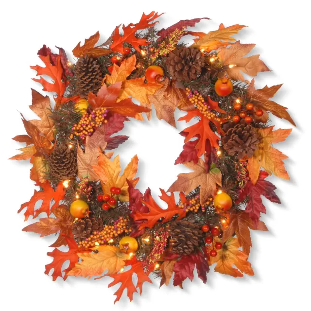 24" Prelit Autumn Wreath with Gourds, Pinecones and Berries - National Tree Company
