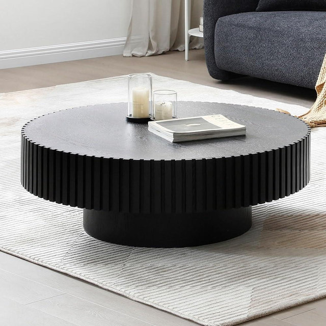 JUSTONE 31.49" Black Round Coffee Table, Farmhouse Wood Coffee Table for Living Room,Circle Drum Coffee Table with Handcrafted Relief for Apartment,No Assembly,ø31.49'' x 13.77''H (Black)