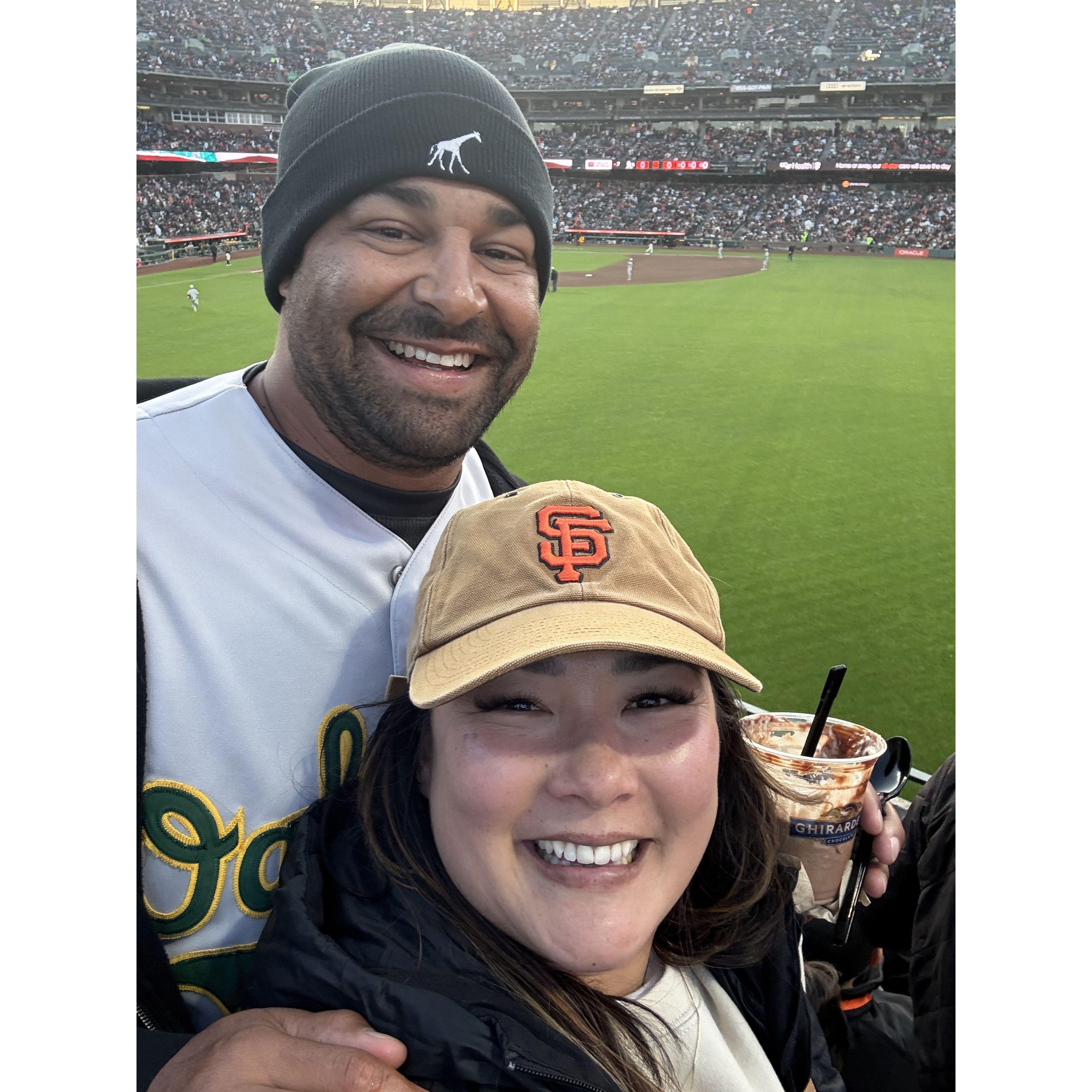 First Giants game as an "engaged" couple! Battle of the Bay