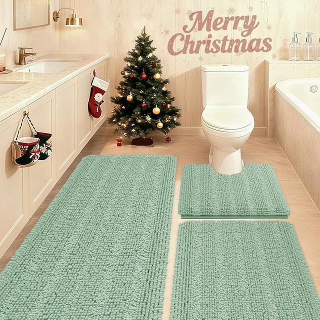 ACCUMTEK Christmas Striped Sage Green Bathroom Rug Set 3 Pieces Ultra Soft, Non Slip Chenille Toilet Mat, Absorbent Plush Shaggy Bath Mats for Bathroom, Bedroom, Kitchen