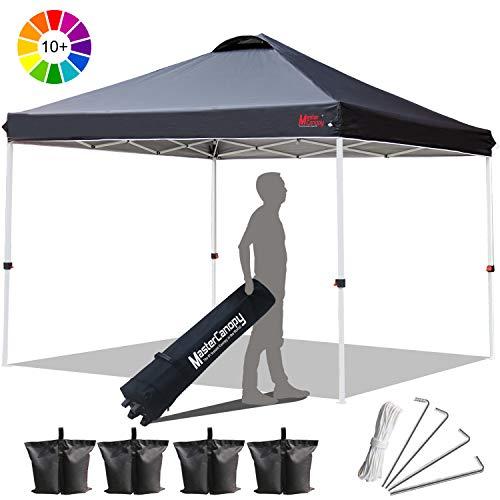 MASTERCANOPY Compact Canopy 10x10 Ez Pop up Canopy Portable Shade Instant Folding Better Air Circulation Canopy with Wheeled Bag,x4 Canopy Sandbags,x4 Tent Stakes(Black)