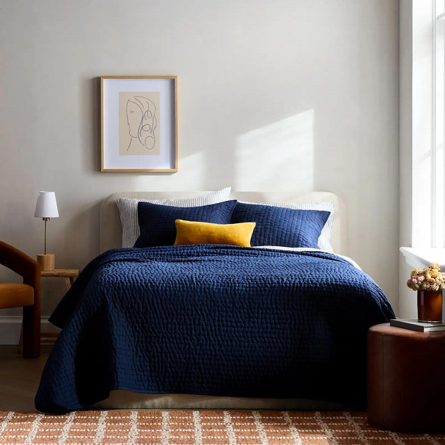 European Linen Cotton Stitch Quilt Set - Navy, Full/Queen
