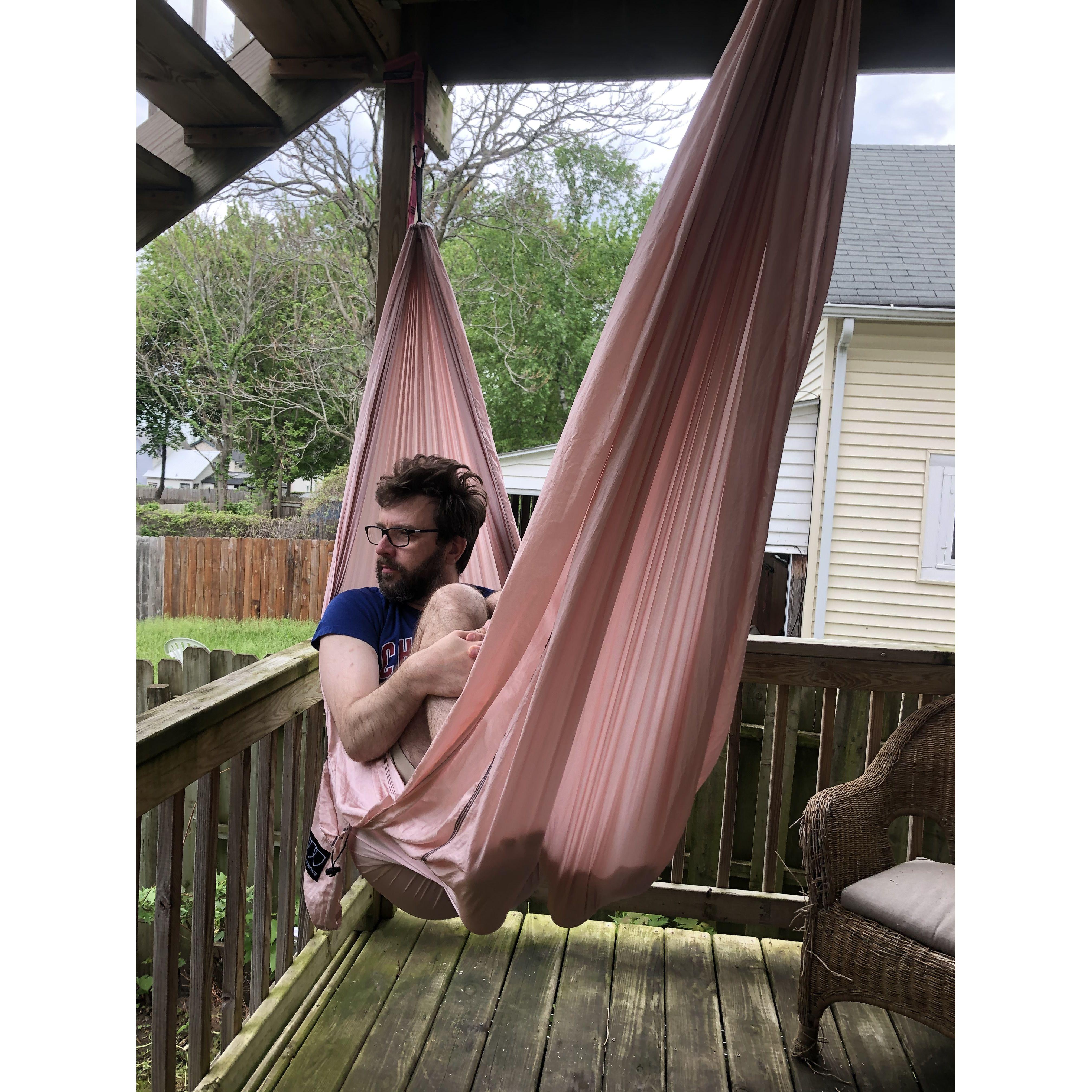 Before I moved to St. Jo, we would swing in hammocks on my back porch in Grand Rapids. Dave, pretending to relax