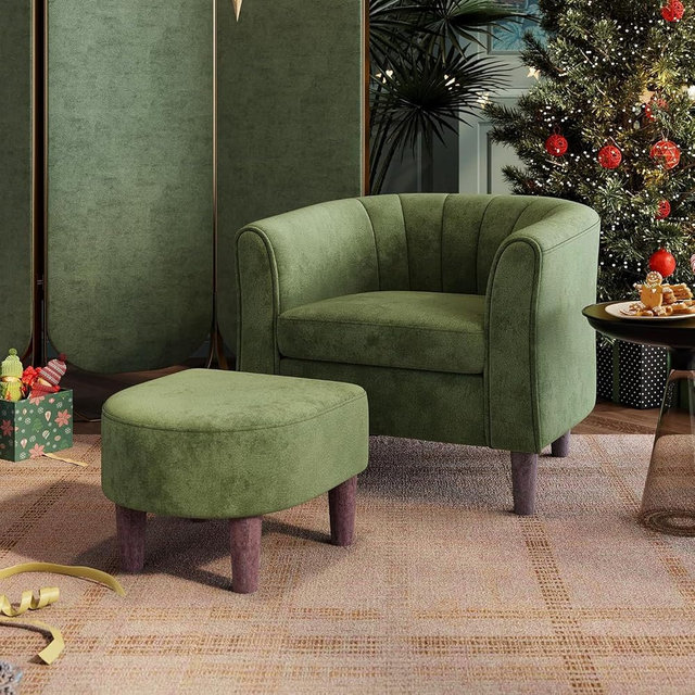 LINSY Accent Chair with Ottoman, Modern Armchair Comfy Barrel Reading Chair with Footrest for Living Room Bedroom Reading Room, Velvet, Olive Green
