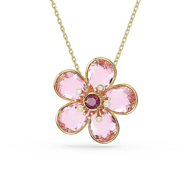 Swarovski Florere Necklace and Earrings Collection, Pink Crystals, Yellow Crystals, Gold Tone Metal Finish