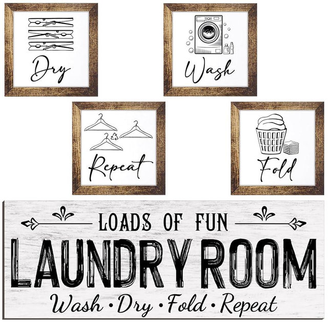 Yerliker Set of 5 Laundry Room Decor for Wall Laundry Room Sign Farmhouse Wooden 7 x 7 Inch Wash Dry Fold Repeat Signs Rustic Wall Art Decor for Bathroom Home(White, Large)