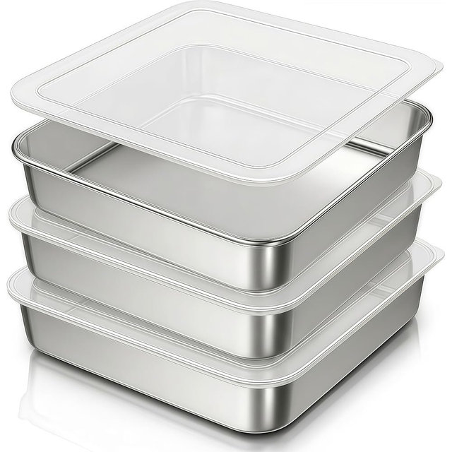 BSTUR 8x8 Baking Pan with Lid, Stainless Steel Square Brownie Pan Set of 3, 8 Inch Cake Pan for Baking, Casserole and Meal Prep, Dishwasher Safe