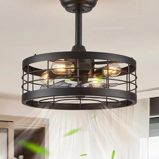LEDIARY 16.5in Black Caged Ceiling Fan With Light, Bladeless Industrial Ceiling Fan With Remote, Rustic Metal Fan Lights Ceiling Fixtures For Kitchen, Farmhouse, Bedroom（6 Speed,1/2/4/8h Timing）-Black