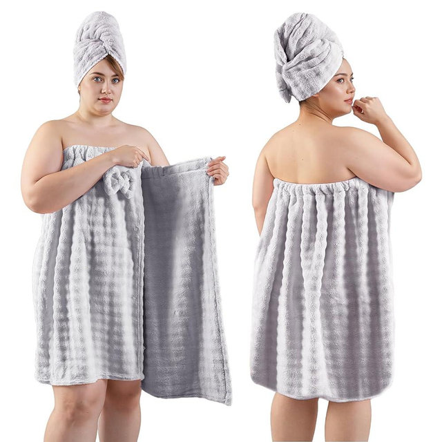 REDKISS Grey Towel Wrap for Women, XL Spa Shower Wrap with Hair Towel, Super Absorbent Bath Towels Robe for Body, Adjustable Microfiber Plush Bathrobe for Girls, Warmth Velcro Plus Size Wraps Towels