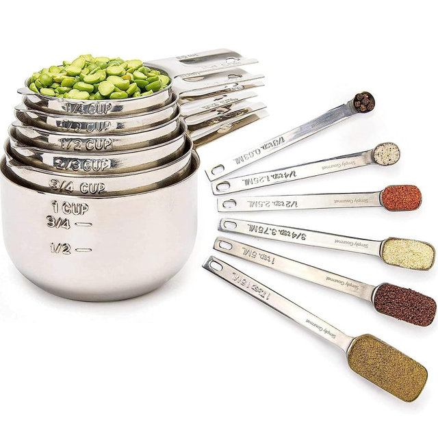 Simply Gourmet Measuring Cups and Spoons Set of 12, 304 Premium Stainless Steel, Stackable Cups Long Handle Spoons Fits Narrow Jars, Kitchen Gadgets for Liquid & Dry Ingredients Cooking Baking