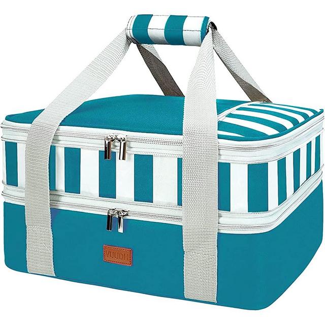 Double Insulated Casserole Carrier Bag - Hot & Cold Food Carry Bag Potluck Parties, Lasagna Holder Tote for Picnics, Beaches, Traveling or Gifts, Fits 9”x13” Baking Dish (Green-Compressed Zipper)