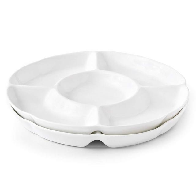 Chip & Dip Serving Set Porcelain Divided Serving Platter/Tray Perfect for Snack 9.4-inch White Dish, Set of 2