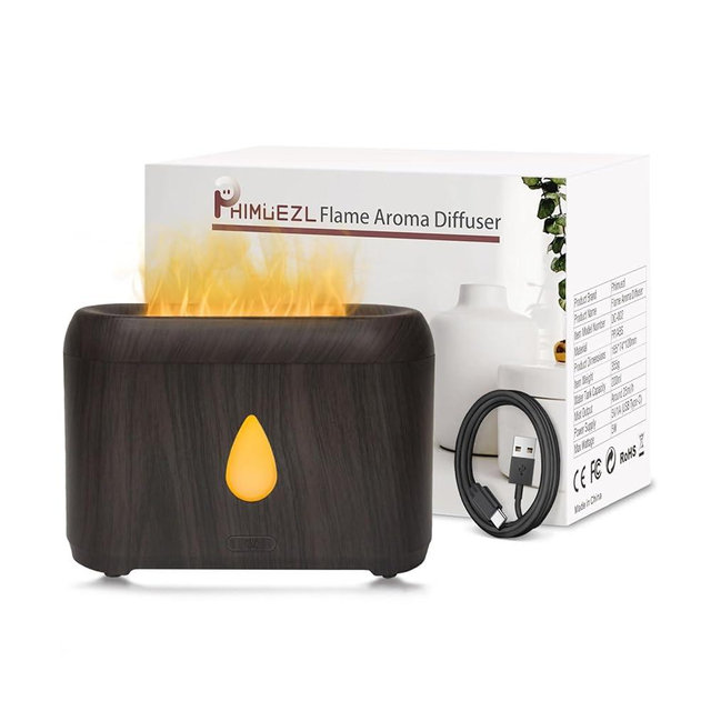 Flame Diffuser for Essential Oils, 200ml Ultrasonic Aroma Diffusers with Cool Mist, Aromatherapy Diffuser with Auto-Off Protection (Dark Wooden Grain, Unscented)