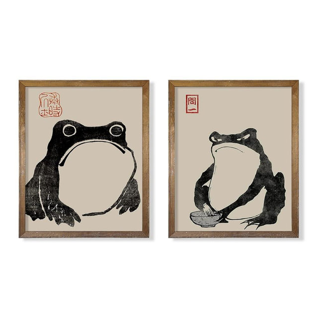 Japanese Frog Wall Art Decor - Japan Decor - Wabi Sabi - Japanese Matsumoto Hoji Poster Print - Vintage Japandi Pictures Set - Cute Funny Animal Poster for Bathroom Decor - Kids Room Decor - Gifts
