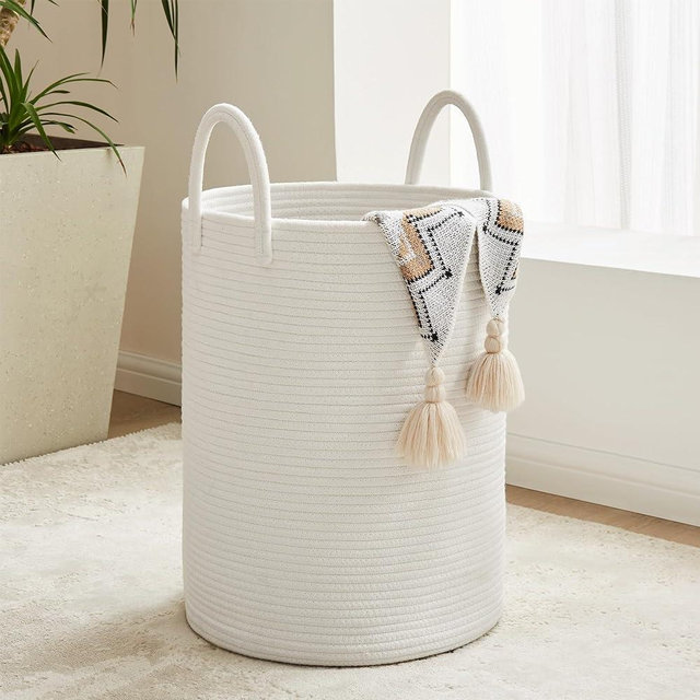 Cotton Rope Laundry Hamper by YOUDENOVA, 58L - Woven Collapsible Clothes Storage Basket for Blankets, Laundry Room Organizing, Bedroom, White