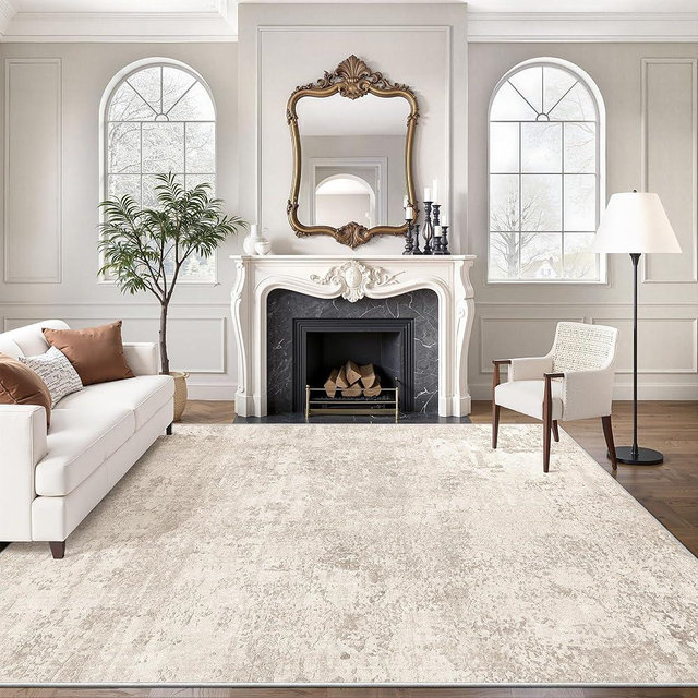 Art&Tuft Washable Rugs 9x12, Abstract Area Rugs 9x12 Living Room - Non Slip and Low Pile Soft Thin Rug for Bedroom, Dining Room, Kitchen, Office, Beige