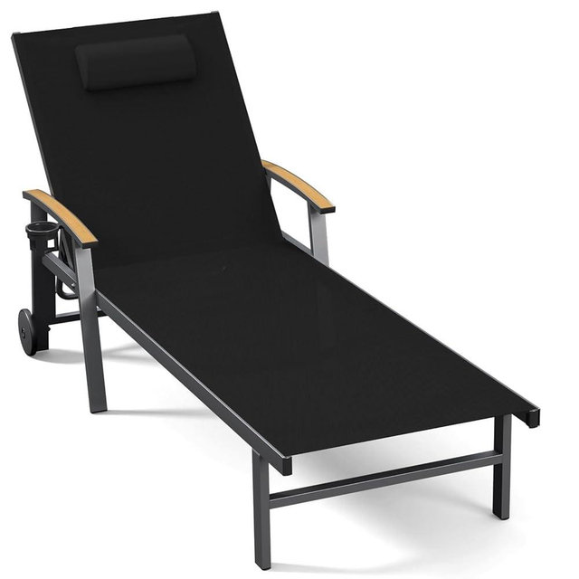 Ciokea Outdoor Lounge Chair with Pillow, 5-Position Aluminum Chaise Lounge with Wheels & Armrests, 400 lbs Heavy Duty Patio Pool Chair for Deck, Backyard, Beach & Poolside, Black