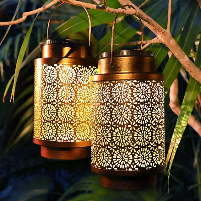 Large Size Solar Lantern Outdoor Waterproof Hanging Lanterns Solar Lights Retro Style Outdoor Garden Decorative Light for Outside Yard Patio Tree Backyard 2 Pack