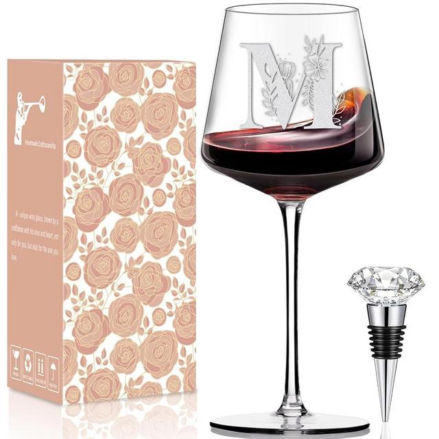 Physkoa Personalized Wine Glass-Wine Glass Gifts for Women(Etched Dishwasher Safe) Customized Wine Glasses with Initial-Monogrammed A-Z Gifts for Women, Friend, Mom, Wife Birthday
