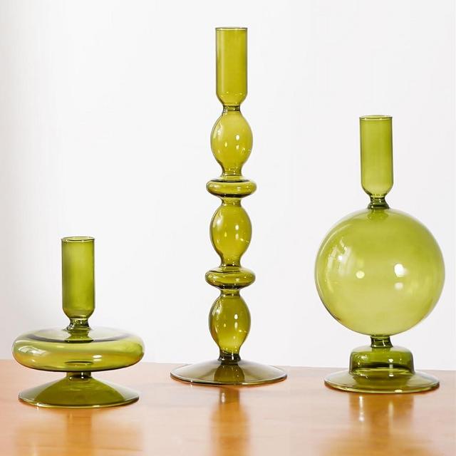 Foosibo Candlestick Holders, Glass Taper Candle Holders, Candle Holders for Table Centerpiece, 3 Pack Decorative Candlestick Holder for Wedding, Dinning, Party - Fits 1inch Candle (Green)