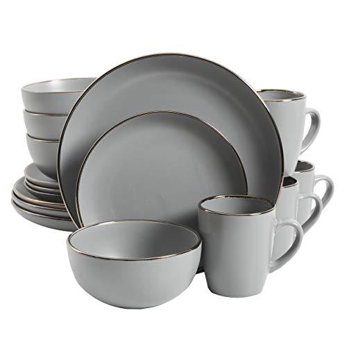 Gibson Rockaway Dinnerware Set, 16 Piece, Grey with Gold Rim