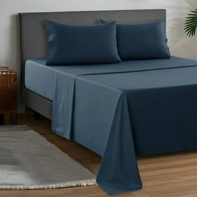 Queen Sheet Set Microfiber Solid Sheets 4 Piece Ultra Soft Bed Sheets - Navy Blue