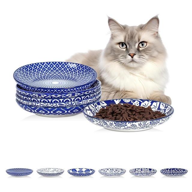 Selamica Ceramic Cat Bowls, 6 Inch Wide Shallow Cat Food Bowl for Relief Whisker Fatigue, Set of 6, Vintage Blue