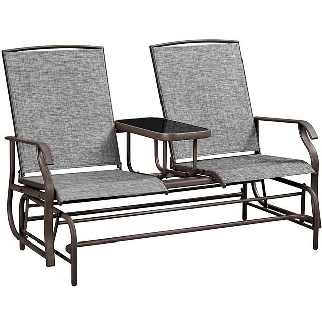 Yaheetech 2-Seat Outdoor Glider with Center Table, Patio Rocking Loveseat with Breathable Mesh Sturdy Metal Frame for Garden Pool Lawn