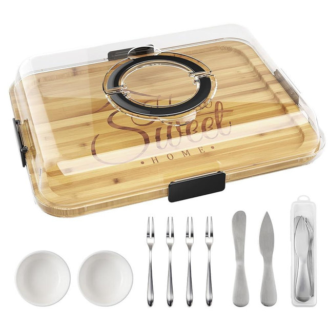 Maxboro Charcuterie Board with Lid and Handle, Portable Travel Design Bamboo Cheese Board with Knife Set, Meat Fruit Serving Tray Platter, New Home Gifts for Women, 1 Compartment, Housewarming theme