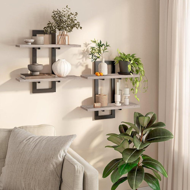 HOOBRO Floating Shelves, 15 Inch Wall Shelf Set of 2, Wall Mounted Storage Shelves 2-Tier, Hanging Bathroom Shelves, for Living Room, Bedroom, Bathroom, Kitchen, Greige BG32BJ01