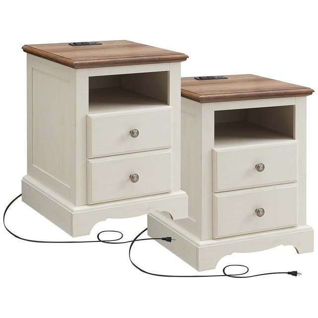T4TREAM Nightstand with Charging Station Set of 2, Wood Rustic Sofa Side Table with Open Storage Shelf for Bedroom, 18 Inch Vintage End Table with 2 Drawers for Living Room, Antique White