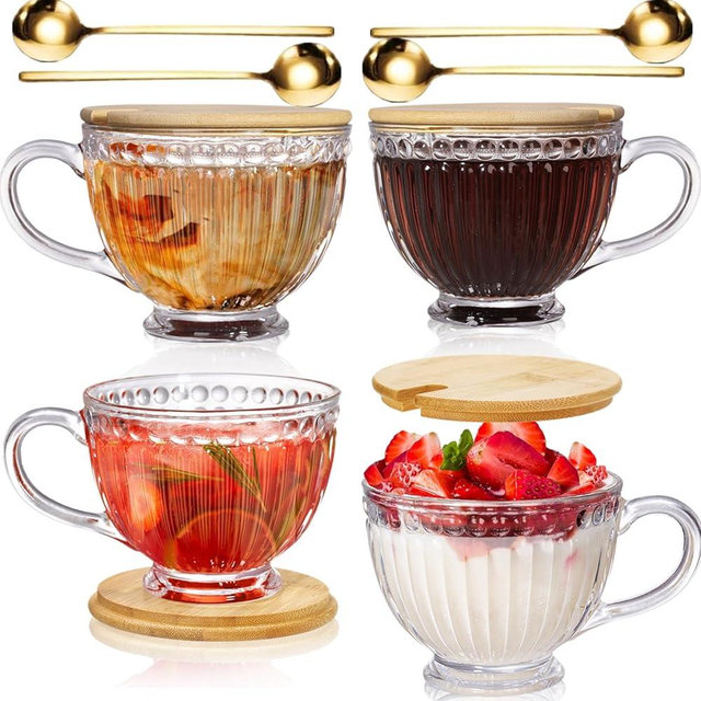 Cididu Set of 4 Glass Coffee Mugs with Bamboo Lids and Spoons, 12 Oz Ribbed Clear Glass Cup for Latte, Tea, Cappuccino, Heavy Duty Glassware Teacups with Handle for Americano, Milk, Hot Cold Beverages