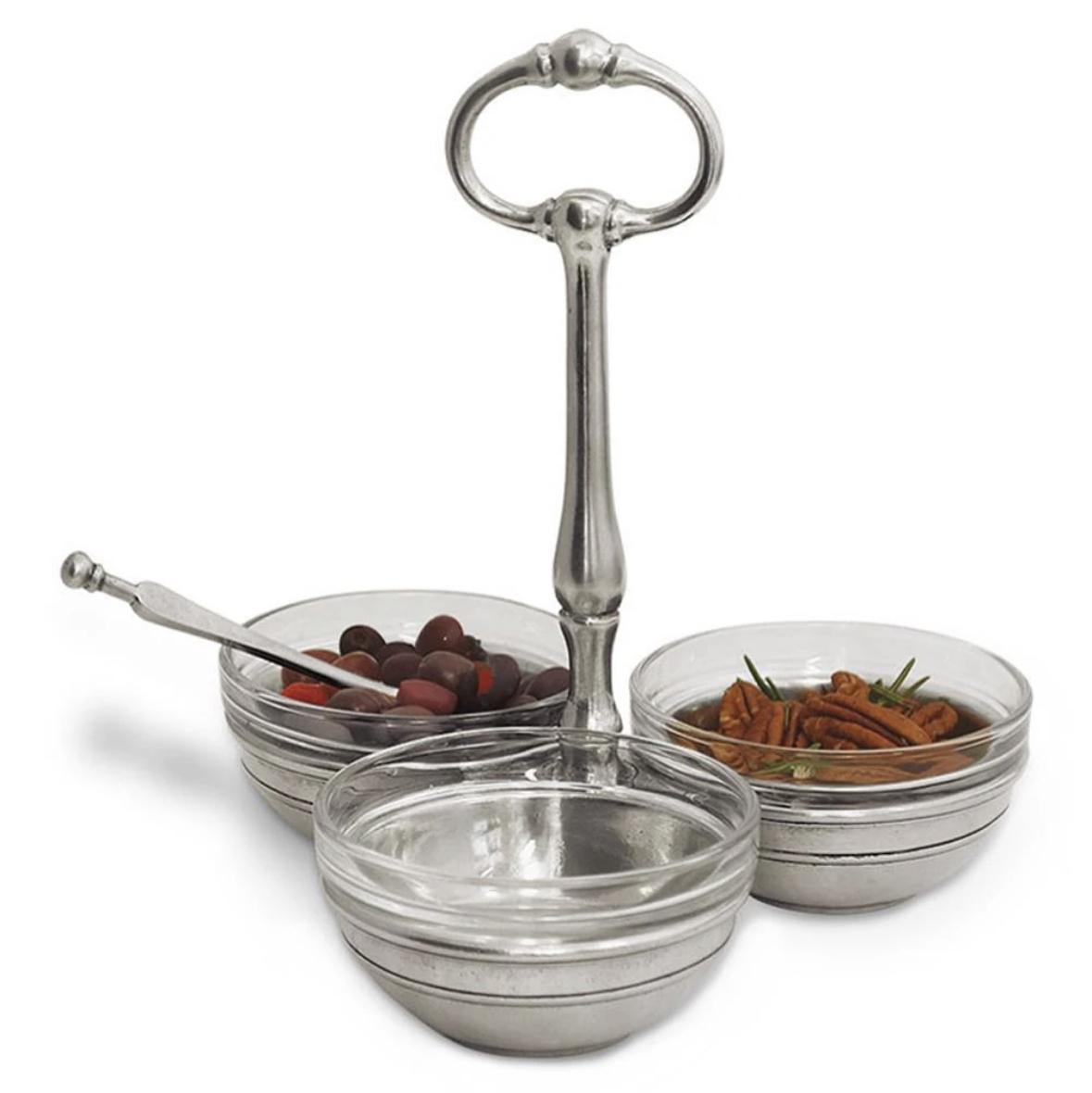 MATCH Modern Clear Glass 3 Section Pewter Condiment Server