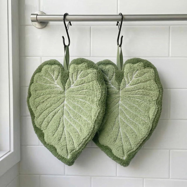 Sisher 2 Pack Cute Leaf Shaped Hand Towel,Hand Towels with Hanging Loops,Hanging Kitchen Towels — Soft and Super Absorbent,Oven Towels Hanging,for Bath Kitchen Living(Green)
