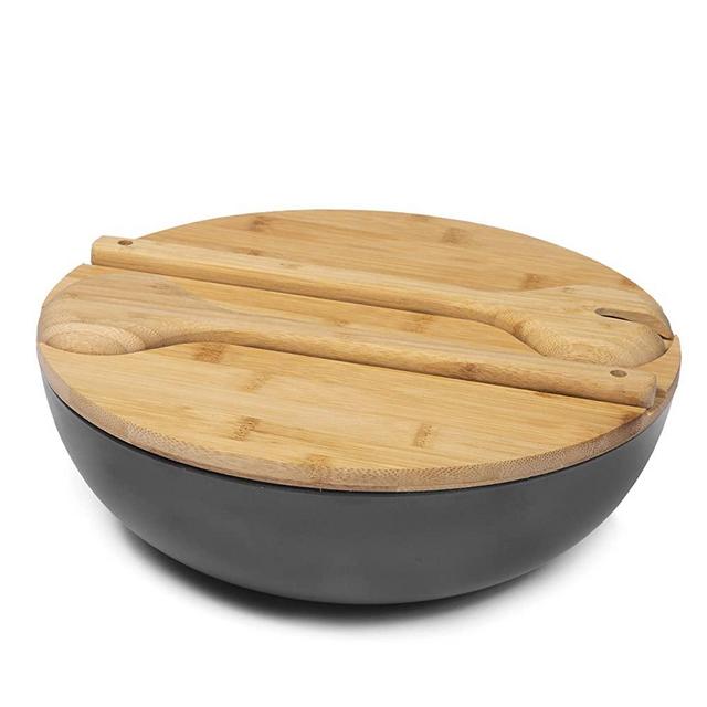 Melamine Large Serving Salad Bowls, Salad Bowl with Mixing and Bamboo Lid, Dishwasher Safe, BPA free (Dark grey)