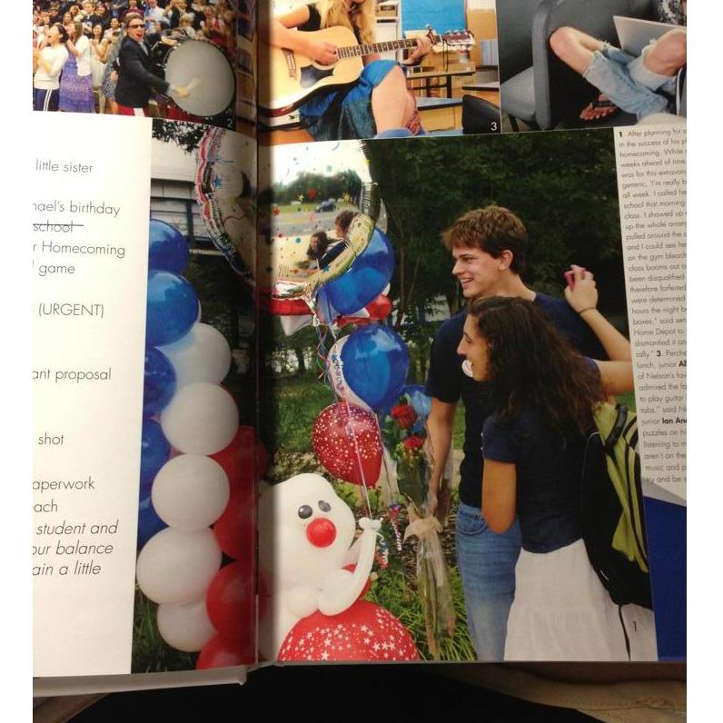 Age 17: Chris set up a giant balloon arch outside our high school to ask Raquel to homecoming. We made it into the yearbook!