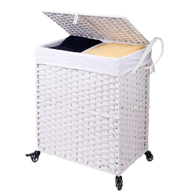 Crehomfy Laundry Hamper with Wheels, Synthetic Rattan Wicker Handwoven Laundry Basket with Lid and Handle, Collapsible Dirty Clothes Hamper for Laundry Room, Bedroom White (2 Section 110L)
