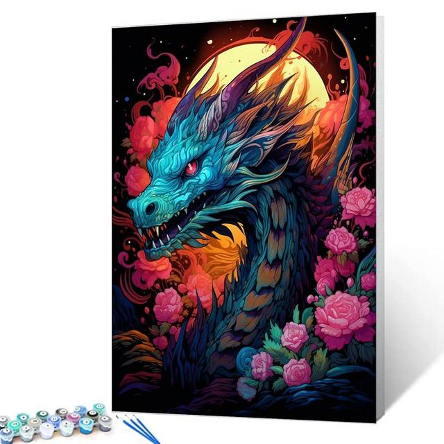 Mythical Dragon with Rose Paint by Numbers Kits with Brushes and Acrylic Pigment on Canvas Wildlife/Animal Painting for Adults Beginner,Full Moon Arts Crafts Project Home Decor 16''x20''(DIY Framed)