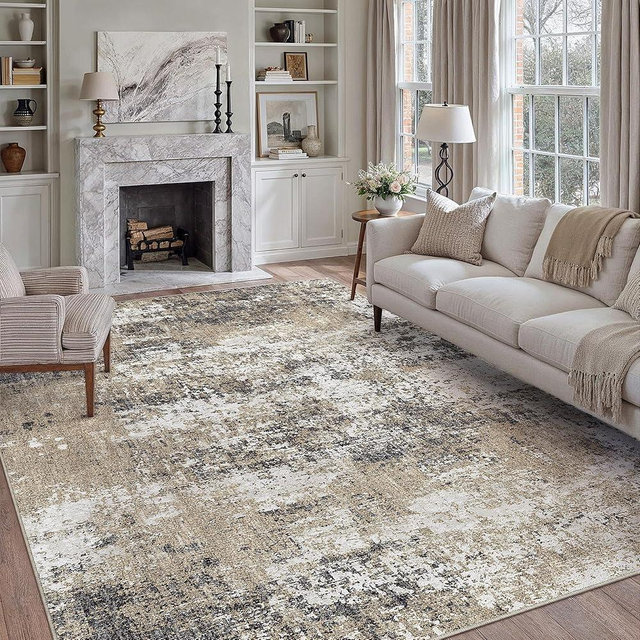 PureCozy 8x10 Abstract Area Rug Brown Washable Modern Neutral Living Room Carpet Non Slip Ultra Soft Low Pile Contemporary Bedroom Large Rug Indoor Office Dining Room Under Table Playroom